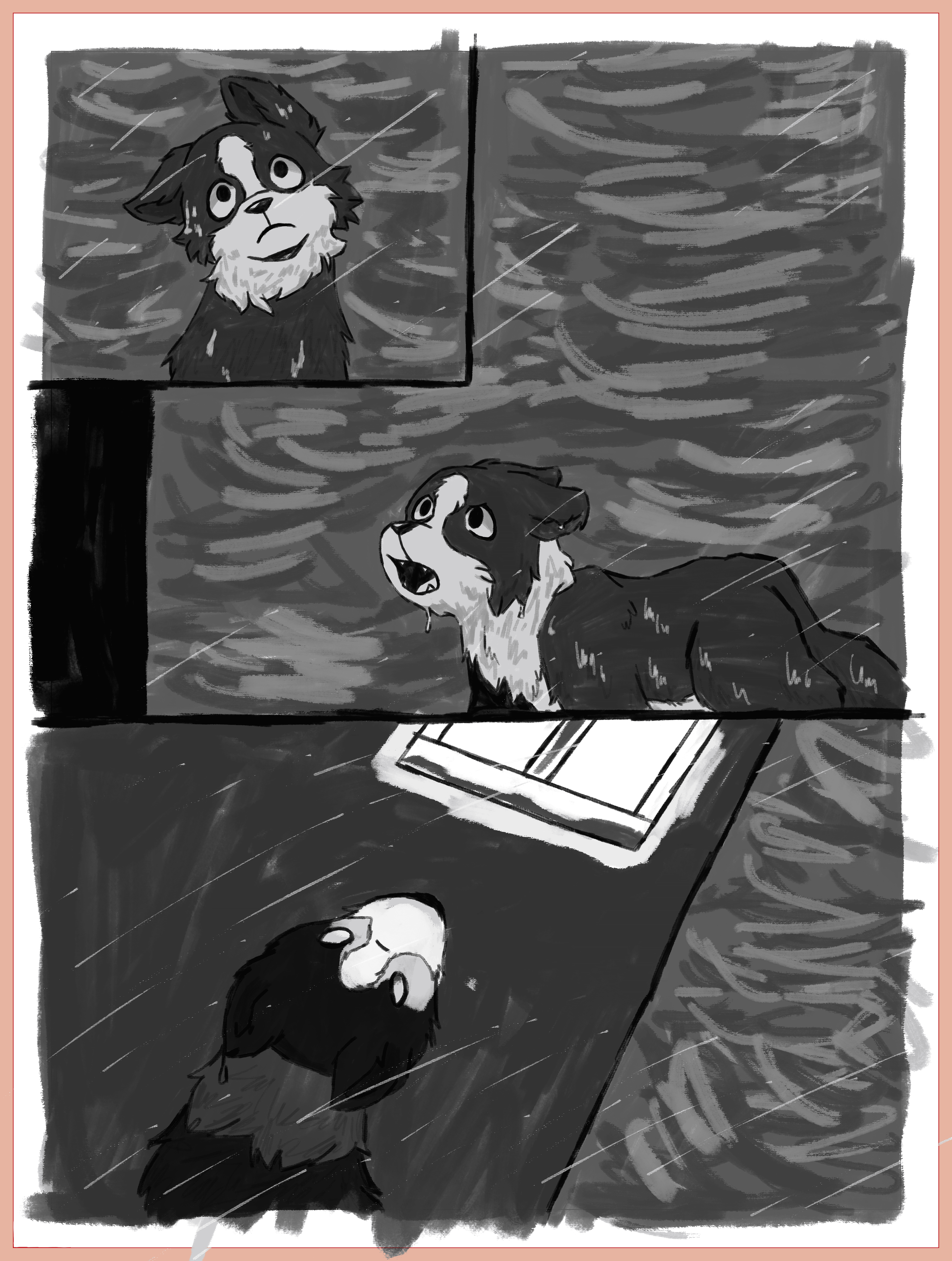 IFD Stormed Pg. 2 Layout (2025). A greyscale layout page of the comic Stormed from I FEEL DOOMED. There are 3 panels. Panel 1 shows a dog looking up confused. The next panel is the dog angrily barking at a house. The last panel is another view of the dog barking at the house, looking at a lit window. There is no text.